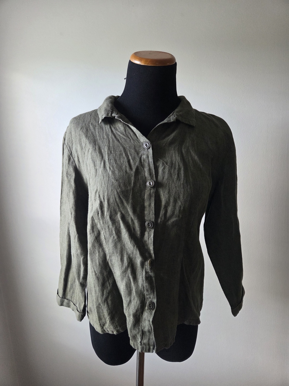 Flax Women's Olive 100% Linen Button-Up Shirt Size M Petite